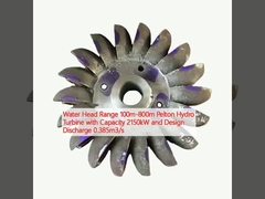 물 머리 범위 100m-800m 펠튼 수력 터빈 용량 2150kW 및 설계 배charge 0.385m3/s